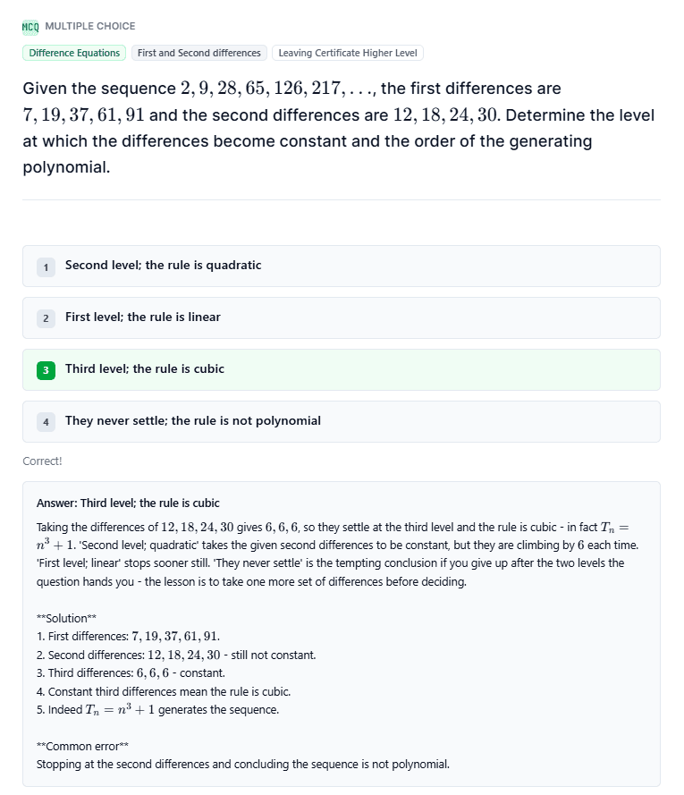 A QuizPerCard multiple-choice question on Difference Equations: the sequence 2, 9, 28, 65, 126, 217 with its first and second differences, four answer options, and a worked explanation showing the third differences are constant so the rule is cubic.
